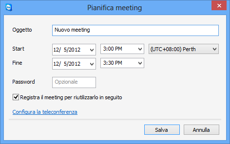 Meeting La finestra Pianifica meeting Questa finestra offre le opzioni descritte di seguito.