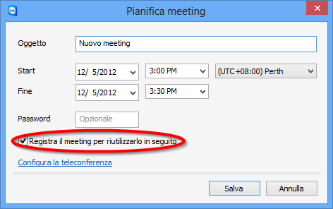 Meeting Pulsante Elimina Invita... Chiudi Descrizione Per eliminare un meeting programmato, selezionarlo e fare clic sul pulsante Elimina.