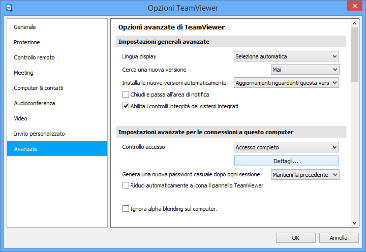 Opzioni 7.9 Categoria Avanzate Nella categoria Avanzate si possono configurare le impostazioni avanzate per il proprio TeamViewer.