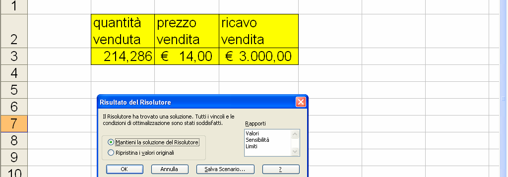 2. Imposto la cella obiettivo D3 al valore 3000 poi in Cambiando le celle: inserisco B3:C3 come in figura precedente, quindi premo su Aggiungi per inserire il vincolo del prezzo; 3.