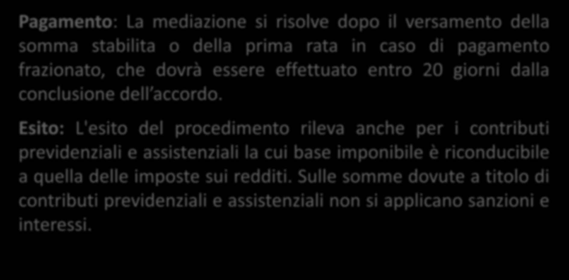 Pagamento: La mediazione si risolve dopo il versamento della somma stabilita o della prima rata in caso di pagamento frazionato, che dovrà essere effettuato entro 20 giorni dalla conclusione dell