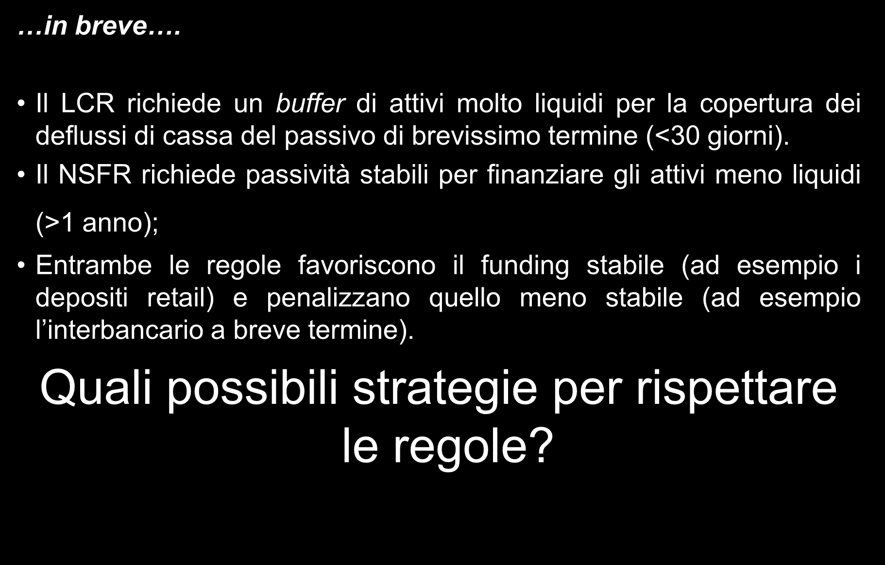 Liquidità e strategie bancarie in breve. Il LCR richiede un buffer di attivi molto liquidi per la copertura dei deflussi di cassa del passivo di brevissimo termine (<30 giorni).