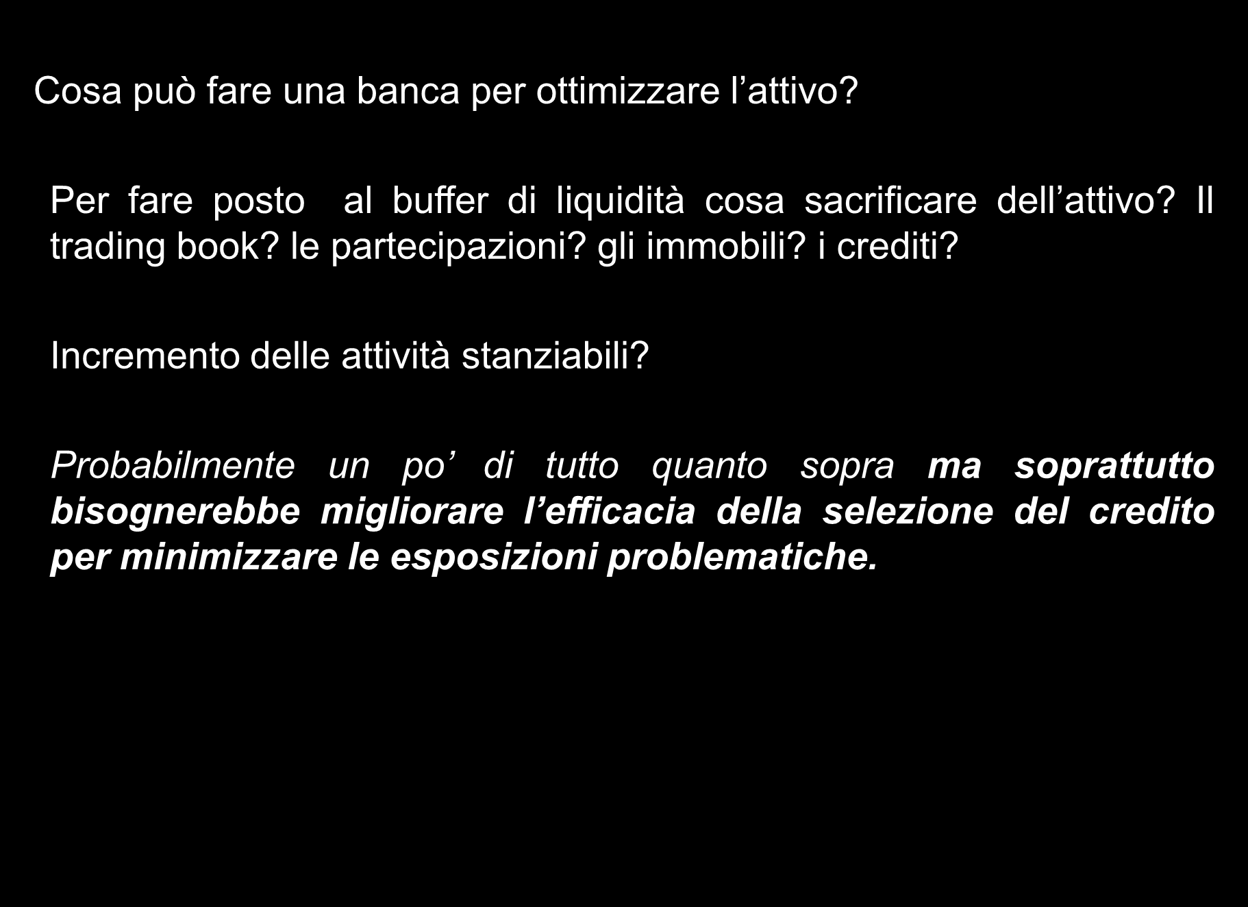 Liquidità e strategie bancarie Cosa può fare una banca per ottimizzare l attivo? Per fare posto al buffer di liquidità cosa sacrificare dell attivo? Il trading book? le partecipazioni? gli immobili?