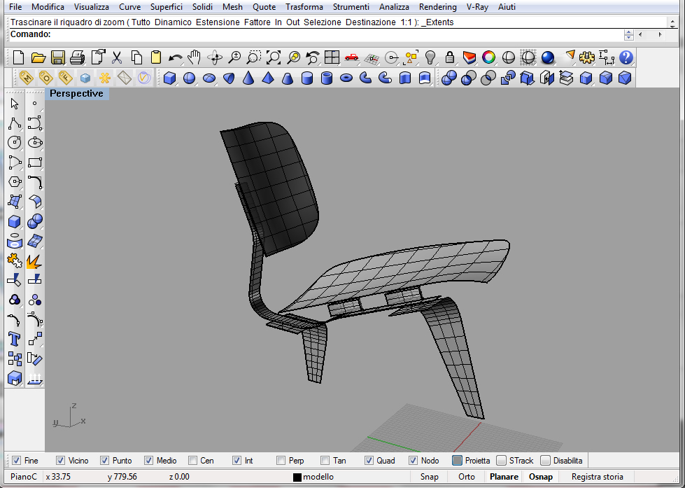 2.2c Semplificazione del modello sedia sezionata lungo il piano di