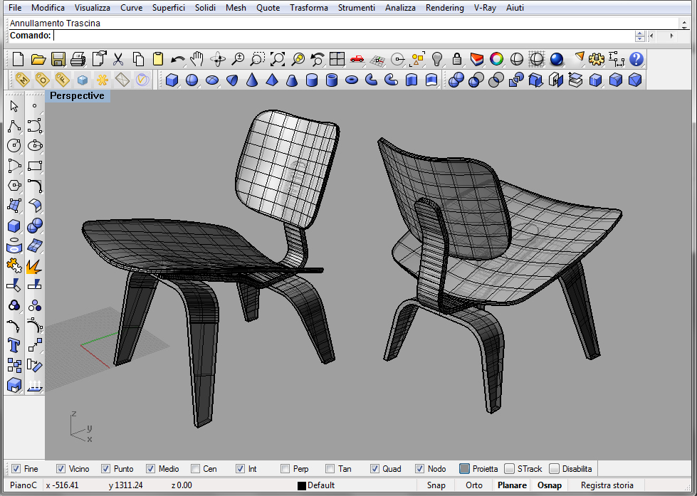 2.1a Modellazione su Rhino Realizzazione del modello in 3D, rispettando le caratteristiche formali e dimensionali della sedia originale.