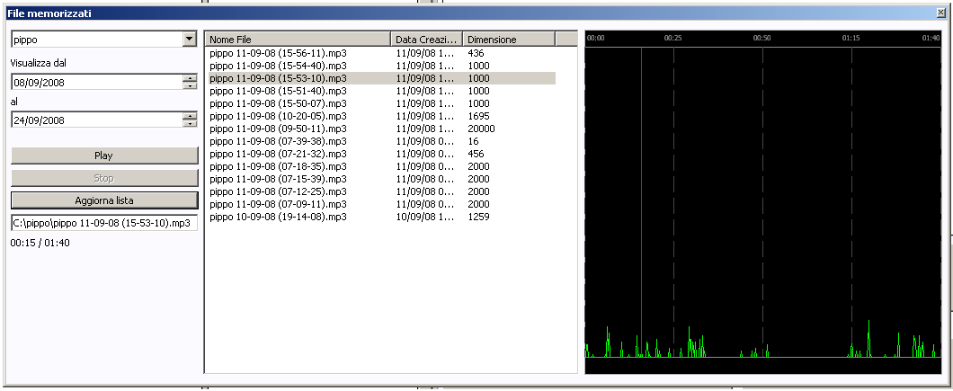 Finestra File Memorizzati Da questa finestra è possibile visualizzare e mandare in esecuzione tutti i file memorizzati, relativamente ad un determinato Instreamer.