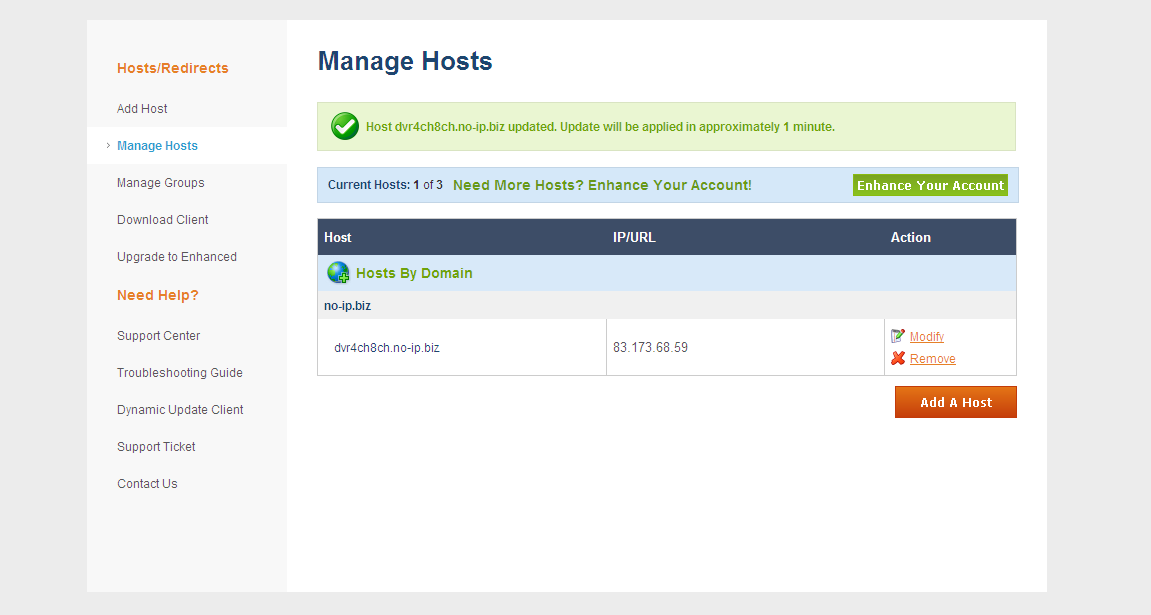 Fase 1-15: fare clic sul pulsante "Add Host" (Aggiungi host) per confermare. DVR a 8 canali 2TB DVR a 16 canali 4TB Il browser Web visualizza l'host di gestione "Manage Hosts" (Gestisci host).