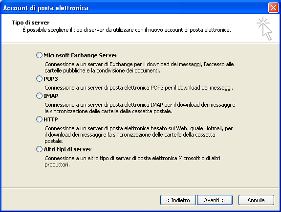 Nella finestra Account di posta elettronica scegliere se configurare un account di tipo POP3 o IMAP quindi Avanti.