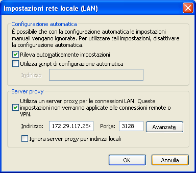 Si clicca su Impostazioni LAN Quindi, dopo aver spuntato la casella Utilizza un server proxy si digitano nelle opportune caselle di testo l