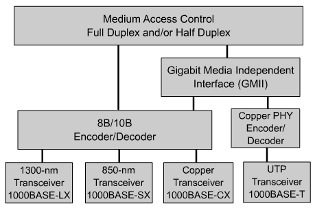 mode (1000 base SX) o con λ=1310nm per fibre single mode o multi mode (se si usa laser su single mode si arriva a 5 Km) (0 = buio, 1 = luce). Il Media Access Control tratta il link come punto-punto.