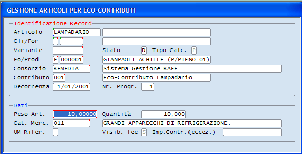 Figura 7-XII (RGBM8GFM/WGW1) Articolo Cli/For - Variante Riferimenti dell Anagrafica AR degli Articoli che identificano il prodotto soggetto a Eco Contributo.