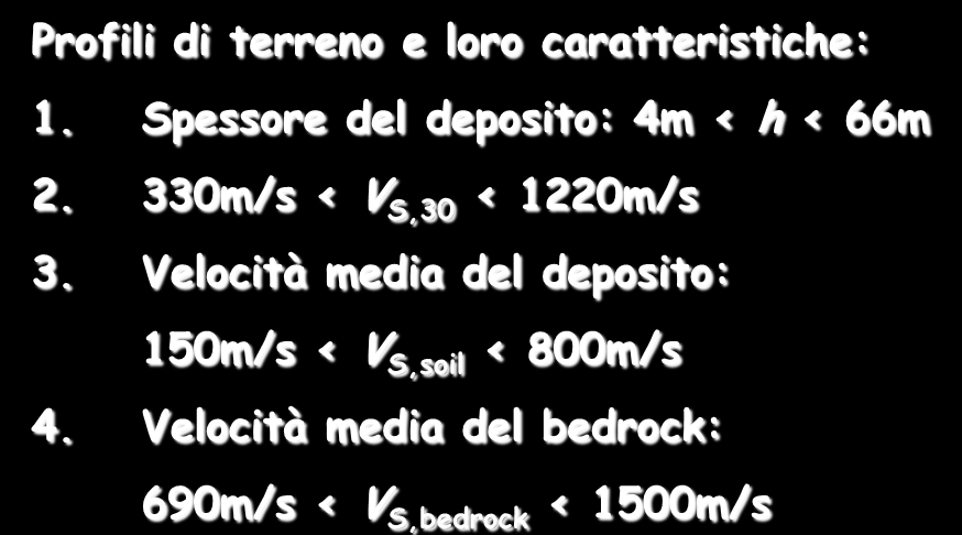 3. Analisi di Risposta Sismica Toscana Molise Profili di terreno e loro caratteristiche: 1. Spessore del deposito: 4m < h < 66m 2.