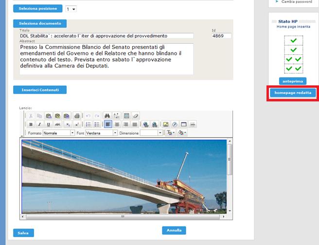 PUBBLICAZIONE DELLA HOME PAGE HOME PAGE REDATTA Dopo aver dato il comando «Salva» all ultimo dei documenti previsti dal