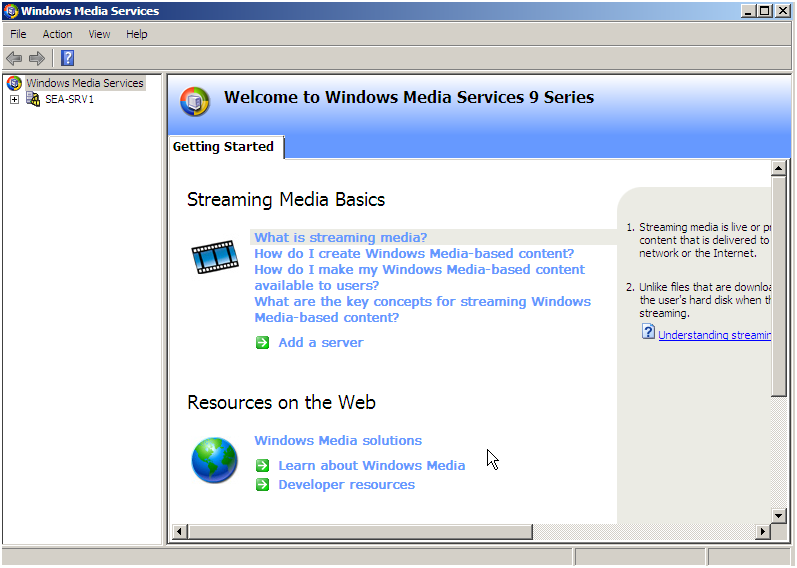 Figura 7 Console per la configurazione dei Windows Media Services Conclusioni I Windows Media Services forniscono funzionalità sia di base che avanzate per lo streaming di file audio e video.