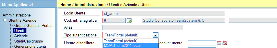 Sempre in Amministrazione / Utenti e Aziende / Utenti è ora possibile impostare il tipo di autenticazione utilizzato per l utente specificato Per default il controllo di autenticazione