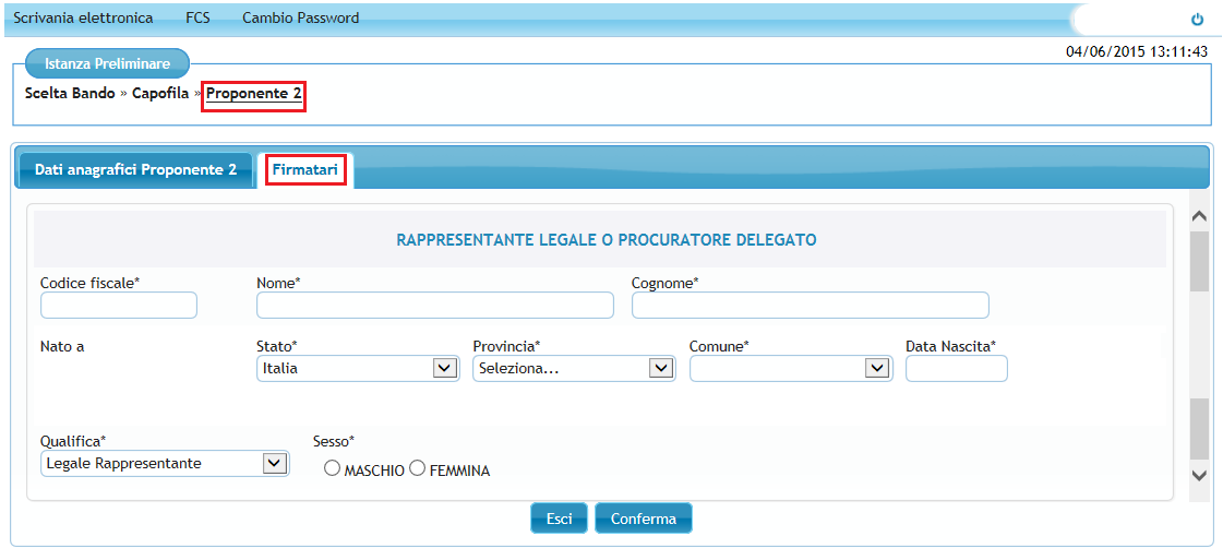 PROPONENTE 2 Il Sottoprocesso Proponente 2 è suddiviso in 2 schede da compilare a cura del Richiedente: Dati anagrafici proponente 2 Firmatari Dati Anagrafici Proponente 2 Figura 14 Dati anagrafici