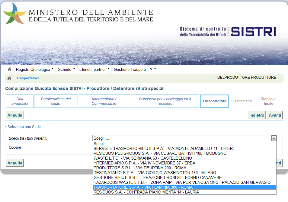 Una volta effettuata la selezione del trasportatore, il software presenta infine la pagina di selezione del destinatario.