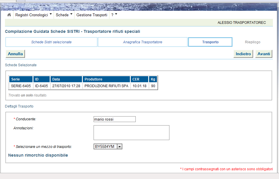 Una volta selezionata la scheda, al trasportatore verrà richiesto di inserire i dati relativi al conducente ed al mezzo: Il trasportatore ha inoltre la possibilità di inserire ulteriori informazioni
