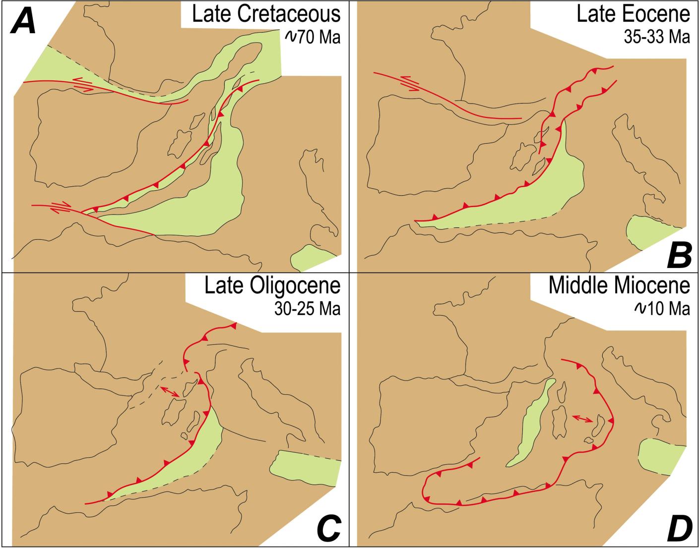 A - Lungo la Tetide alpina blocchi di crosta continentale si saldano al margine paleoeuropeo in subduzione sotto quello paleoafricano, più a ovest iniziano a formarsi i Pirenei Inquadramento