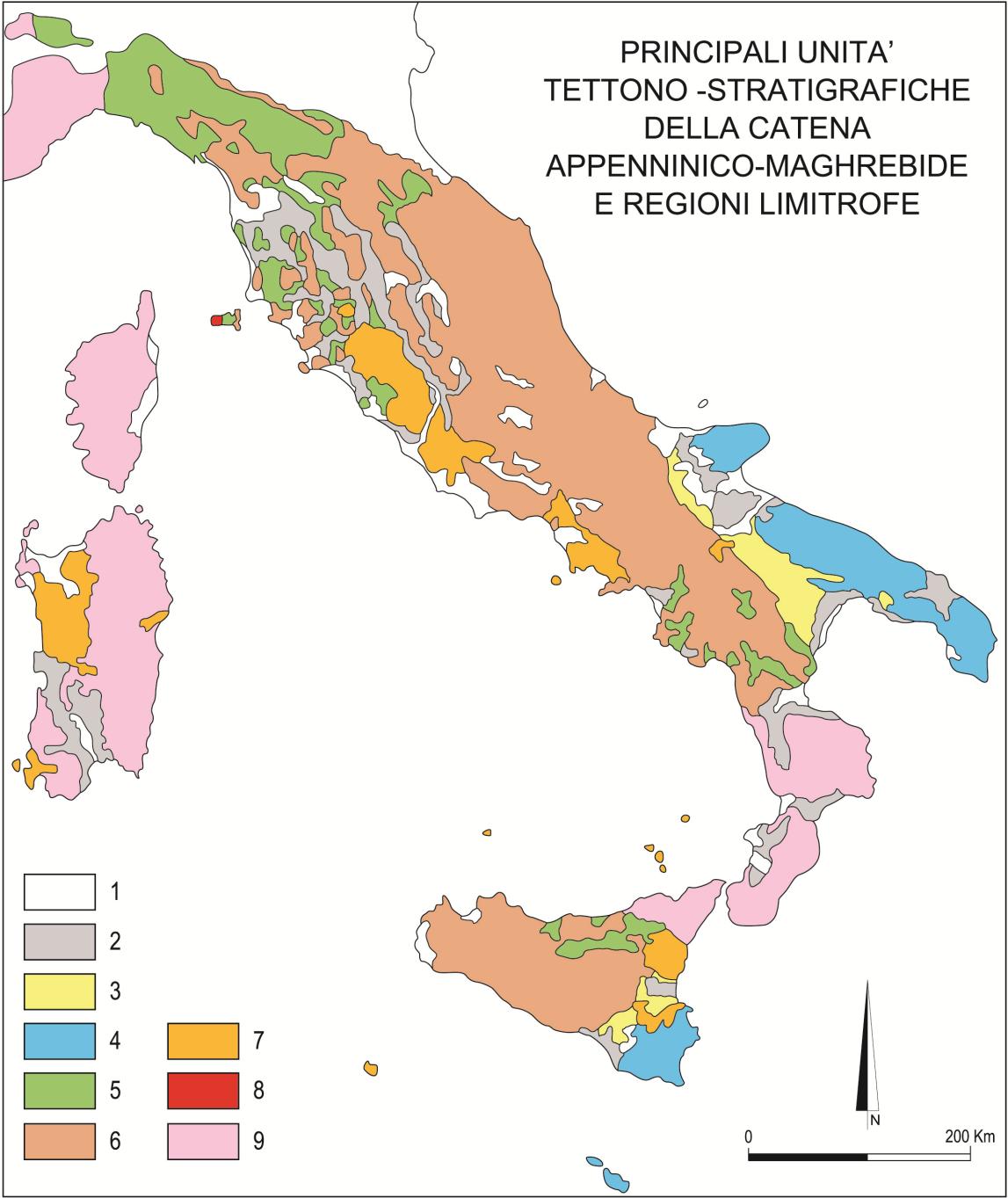 Inquadramento geologico dell Italia La catena appenninico - maghrebide 1: sedimenti continentali plio-quaternari 2: successioni marine e continentali tardo- -orogeniche 3: successioni delle avanfosse