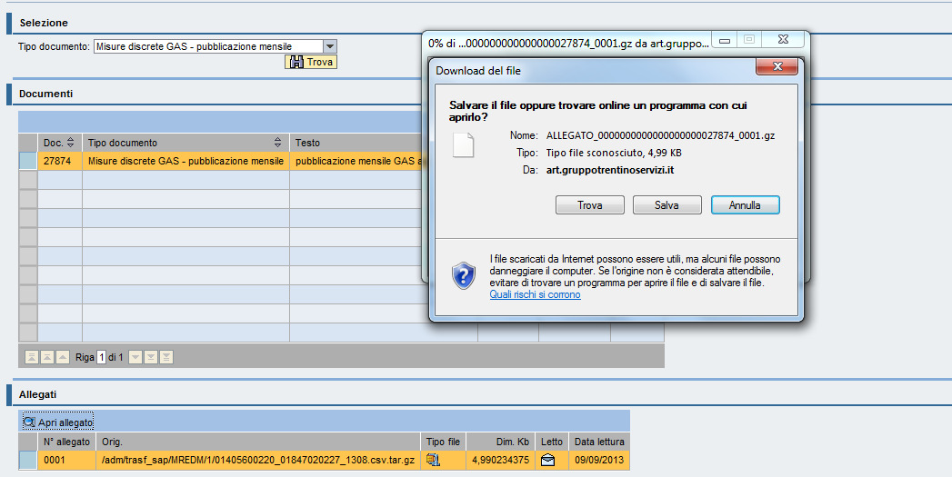 Infine cliccando su Apri, si otterrà il download del file (in formato *.gz, facilmente apribile con qualunque programma di decompressione file). L esportazione valori permette di scaricare in formato.