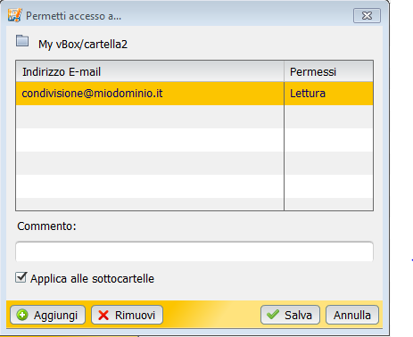 Compare la finestra sotto: Cliccate su e poi inserite l indirizzo email ed i permessi da assegnare: Lettura per permessi di solo lettura; Scrittura per permessi in scrittura; Amministrazione per