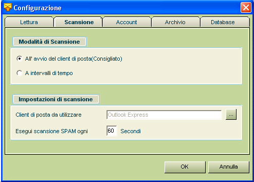 2 Le impostazioni di lettura permettono di configurare le impostazioni di timeout dei server di posta ed eventualmente di disabilitare il programma.