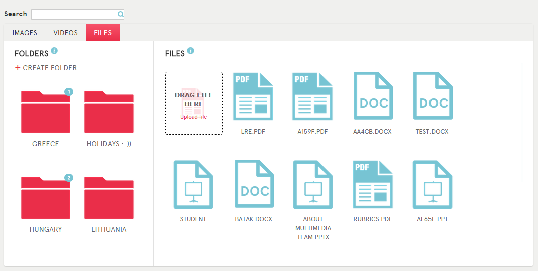 Materiali - File Cerca immagini, video o file Trascina qui il file o clicca Carica file Crea cartelle per organizzare i tuoi file