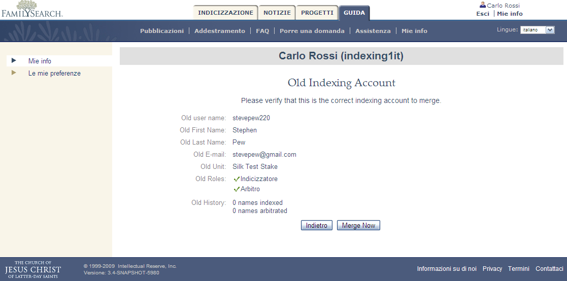 PROCEDURA PER UNIRE UN VECCHIO CONTO Pagina Unisci informazioni vecchio conto - Con l integrazione di FamilySearch Indexing con i conti FamilySearch, è necessario unire il conto FamilySearch con il