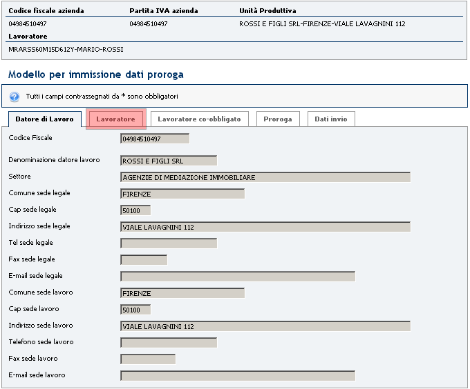 Inserire negli appositi campi i dati identificativi del lavoratore, dopodiché premere il tasto Avanti.