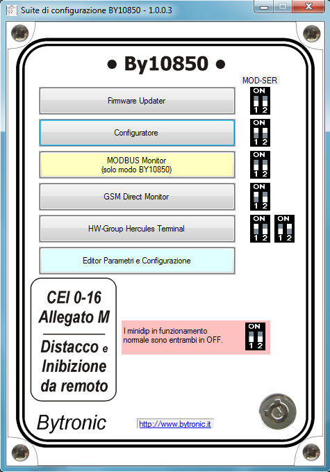 Accendere con la chiave. Dopo la diagnostica ottica e acustica, i Leds ON, DL4 e DL5 rimangono accesi. Avviare la Suite di programmi per BY108