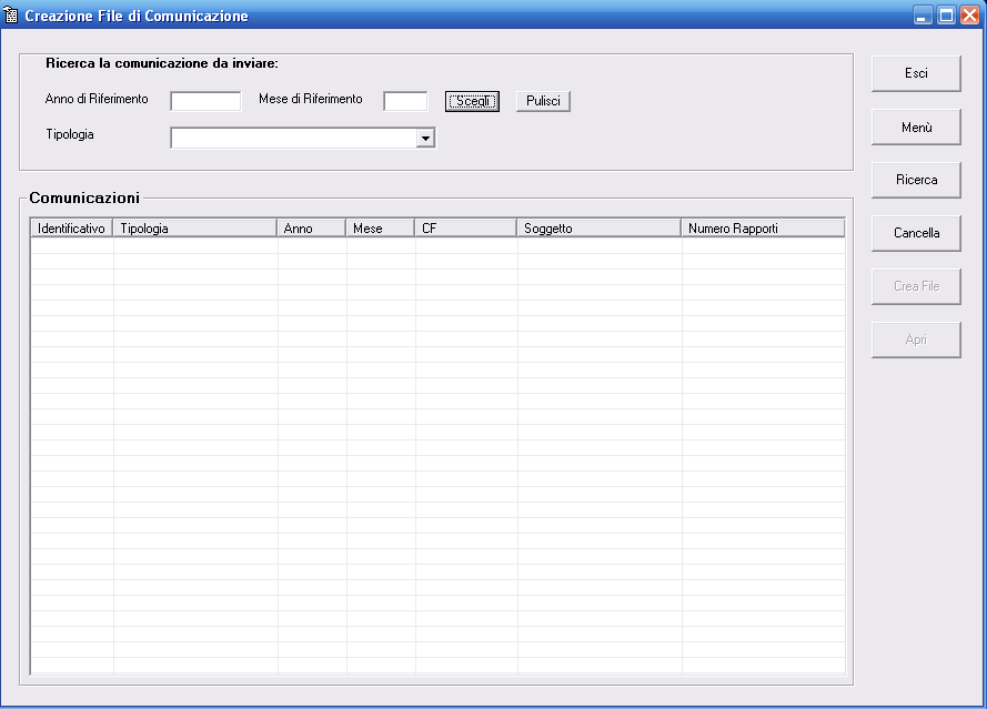 8 CREAZIONE FILE DI COMUNICAZIONE Per creare il file di comunicazione, dal menù principale del software ( figura 1 ) cliccare sul pulsante Crea file di Comunicazione.