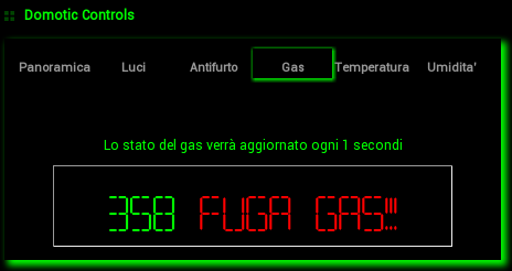 4.2.4 Gas e fumo Questa pagina non presenta alcun tipo di interattività, semplicemente mostra dei messaggi di avviso sullo stato del gas o del fumo nella casa, ovvero se ci sono delle perdite di gas