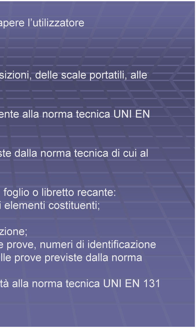 Dall analisi dell Allegato XX cosa deve sapere l utilizzatore Costruzione e impiego di scale portatili E' riconosciuta la conformità alle vigenti disposizioni, delle scale portatili, alle seguenti