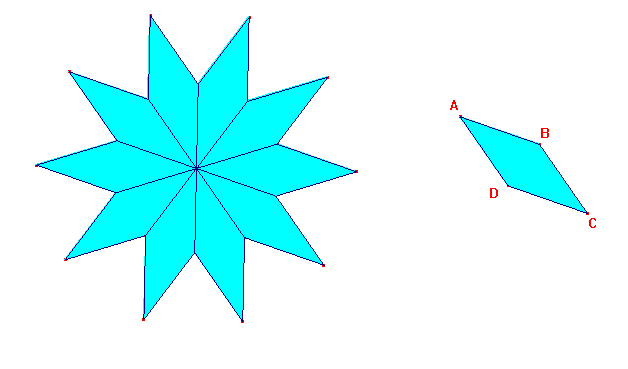 A11) Con dieci rombi uguali al rombo ABCD della figura si forma un "decagono stellato". Quanto misurano, in gradi, gli angoli del rombo ABCD?