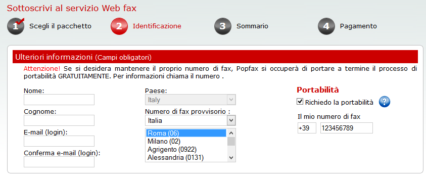 Scelta del paese di riferimento del proprio numero di fax Il prossimo passo sarà scegliere il numero di fax.