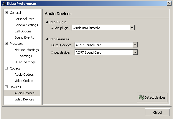pag.14 Come si esegue la configurazione degli Audio Devices Per poter ascoltare la voce e i suoni è necessario configurare correttamente i device audio.
