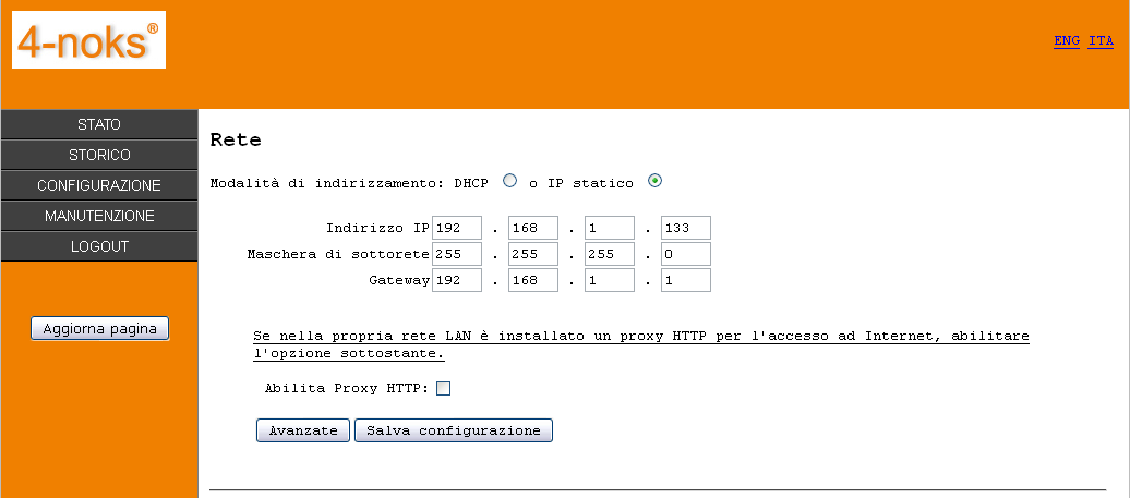 5.3 Configurazione del dispositivo Per accedere alle pagine web di configurazione aprire un browser (per esempio Explorer) e digitare sulla barra degli indirizzi http://192.168.1.133:82/ seguito da invio.