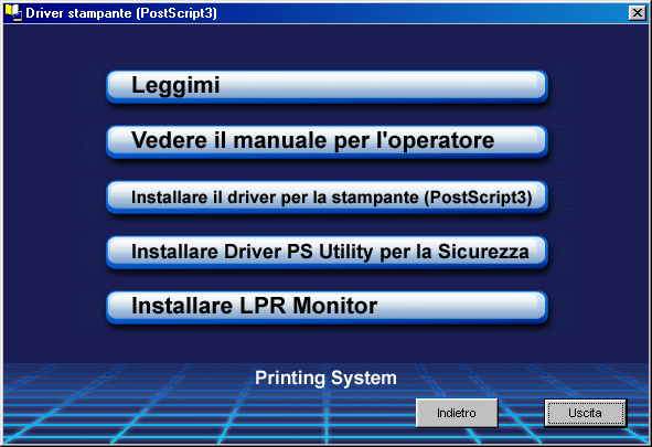 Installazione dell'utilità di protezione del driver PS Windows 98/Me/NT/2000/XP 5 Selezionare Installare Driver PS Utility per la Sicurezza.