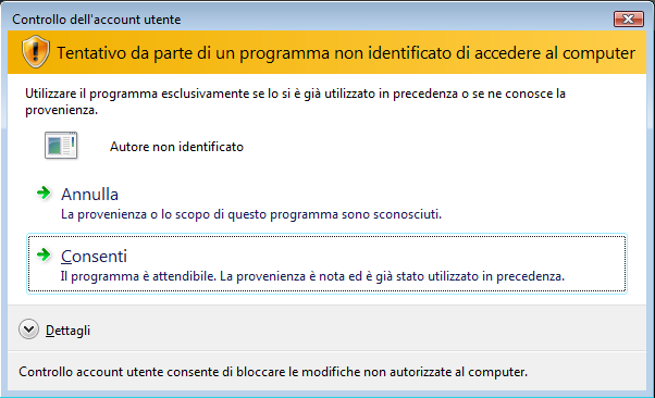 e alla richiesta di conferma del Controllo dell account utente premere il tasto Consenti. Al termine della disinstallazione sarà possibile procedere all aggiornamento.