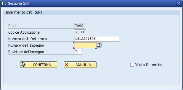 Fig. 2.3 Inserimento dati. La determina può essere selezionata dal match code evidenziato nella fig.2.3. Dalla maschera che si apre possono essere inseriti il codice applicazione, il numero della determina o la data di registrazione come criteri di selezione (fig.