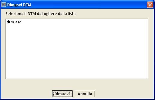 Figura B-31: Finestra per la rimozione di uno o più DTM dalla lista. File di output: File DTM dtm_ritagliato.asc. B.4.2.