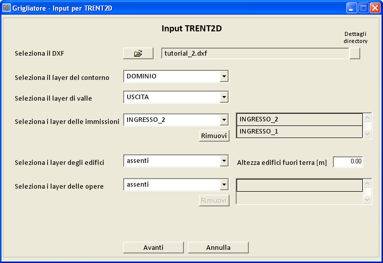 Figura B-35: Schermata iniziale dell opzione Input Trent2D completa dei dati di input relativi al file dxf. Figura B-36: Finestra che avvisa l utente della mancanza del layer degli edifici.