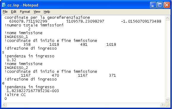 Figura B-39: Schermata iniziale dell opzione Input Trent2D completa dei dati di input relativi al file DTM. File di output: Il file DTM finale della batimetria batimetria.asc ; Il file cc.