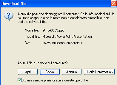 SCARICARE FILE DI TESTO-IMMAGINI-AUDIO- VIDEO-PROGRAMMI DA PAGINA WEB Se navigando in una pagina Web vi capita di scaricare un File vi apparirà questa immagine.