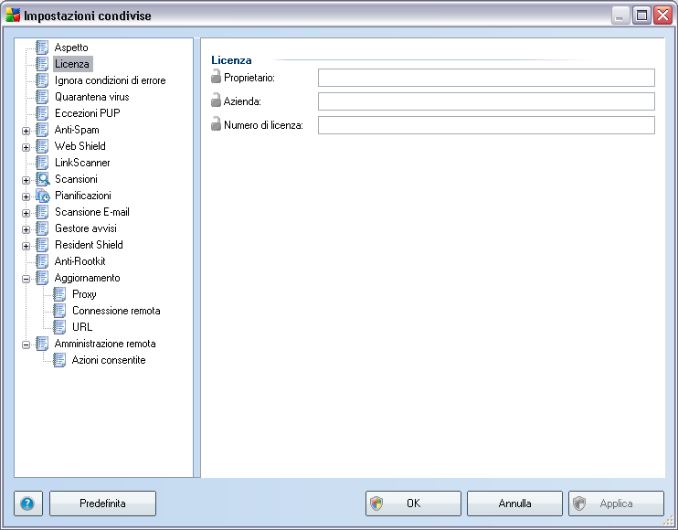 10.1.5.Licenza Le impostazioni Licenza sono disponibili solo in AVG Admin Console. È possibile impostare le seguenti opzioni: Proprietario - consente di immettere il nome del proprietario desiderato.