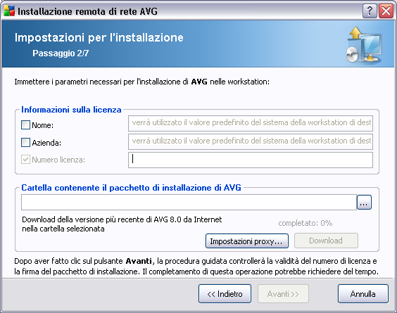 In questo passaggio è necessario definire i parametri di installazione seguenti: Informazioni sulla licenza: digitare i dati della licenza quali nome, azienda e numero di licenza (valore