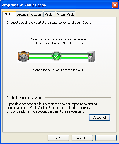 Gestione dell'archiviazione con Enterprise Vault Sincronizzazione del Vault Cache 37 Per sospendere o riprendere la sincronizzazione 1 Nel menu Strumenti, fare clic su Enterprise Vault >