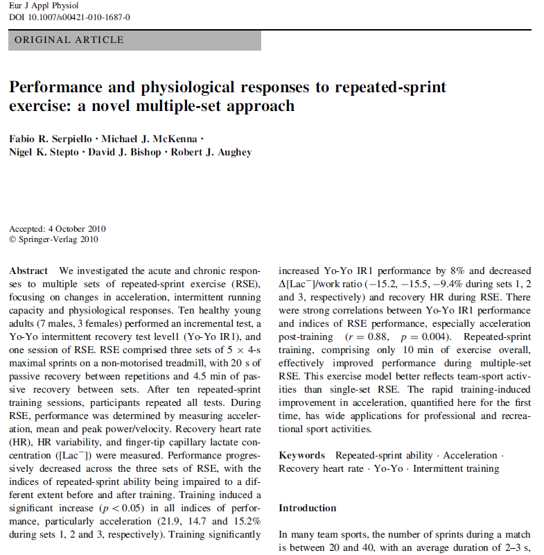 4 Giorno Seconda Opzione Tema metodologico: Allenamento Abilità Ripetere Sprint Time RSA Liberi per il campo effettuare da 3 a 5 volte quanto segue rispettando 4 di recupero (attivo o passivo) tra le