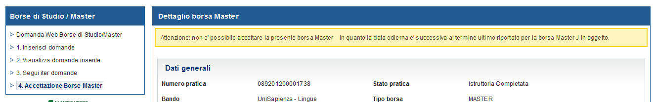 Accedendo al dettaglio di una borsa per cui sono scaduti i termini dell